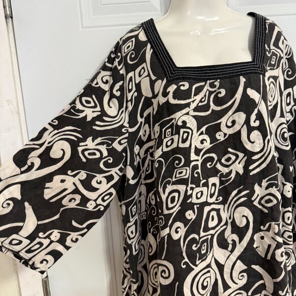 Black White Abstract Print Tunic Blouse Square Neck Oversized Boho Top - Picture 6 of 11